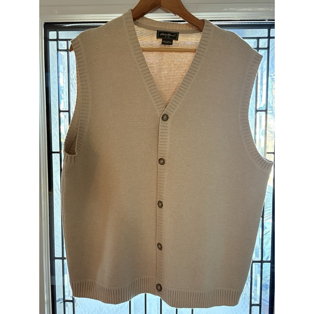 Eddie Bauer Vintage Knit V-Neck Button Front Sweater Vest Beige Sz XL Heritage - Picture 2 of 8